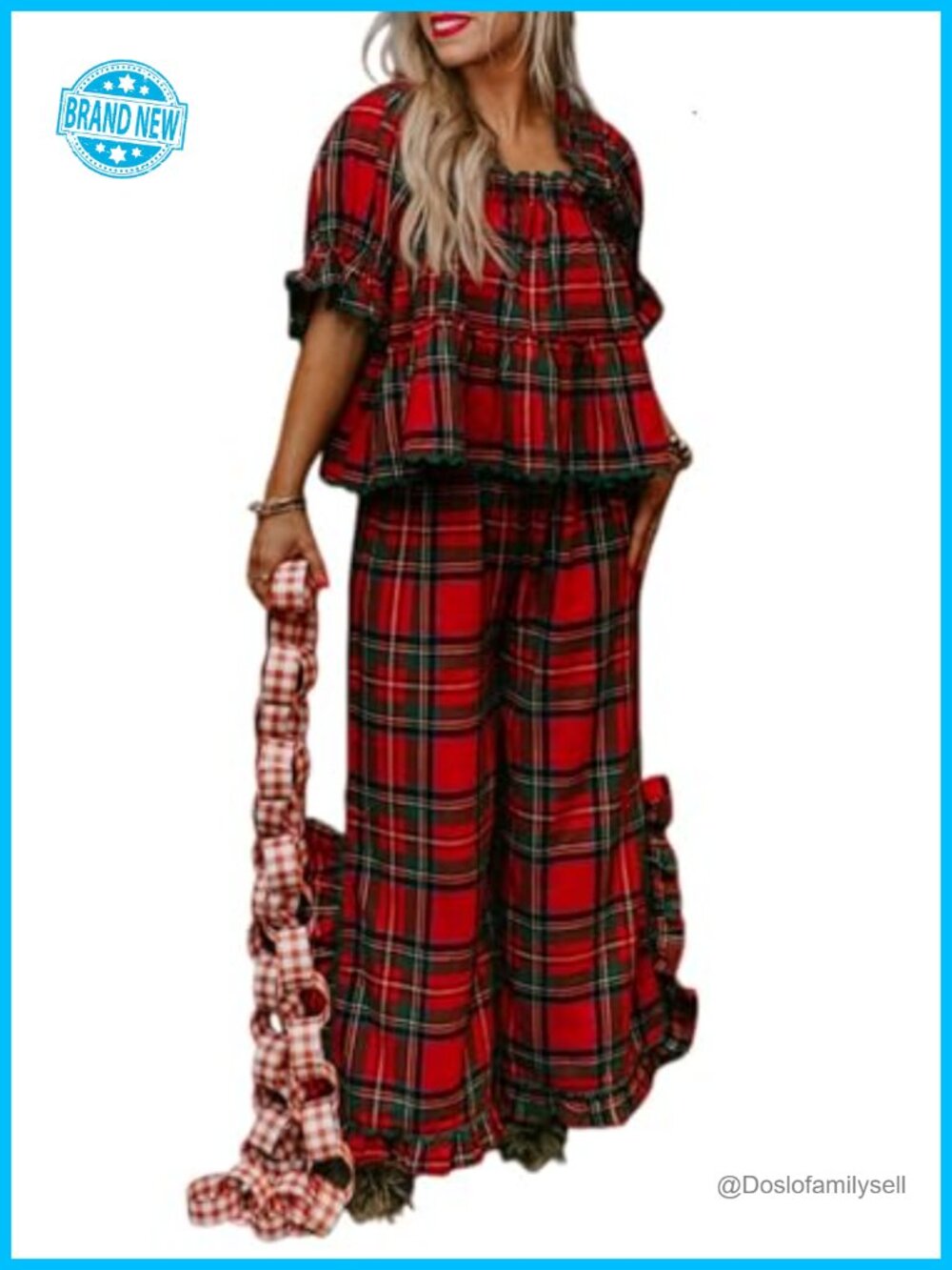 Women Plaid Ruffle Pajama Set Puff Sleeve Smocked Babydoll Wide Leg Pants